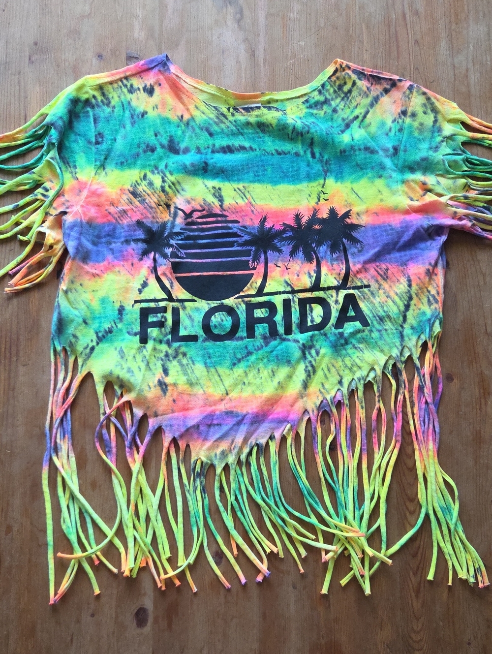 Sun Triangle Florida Graphic Tee Neon Tie Dye Fringe Crop Top S M Vintage 90s